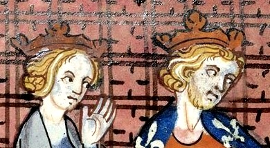 Miniature de Marguerite de France et de Philippe II Auguste - dans un manuscrit du XIVe siècle - Chroniques de France ou de Saint-Denis
